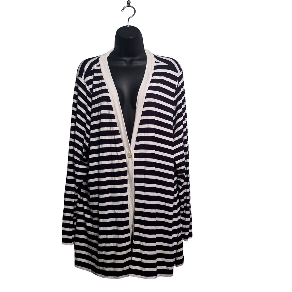 Coldwater Creek Navy Blue White Striped Single Button Cardigan 2X 20-22 Supima